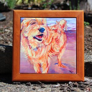 Hand-Painted Terrier Dog Tile – Ceramic Trivet or Wall Art – Wood Frame – 7.5"x7
